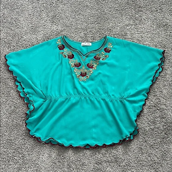 Hanako Shiratori Embroidered Turquoise Women's Top with Floral Design - Size M? - Picture 3 of 8